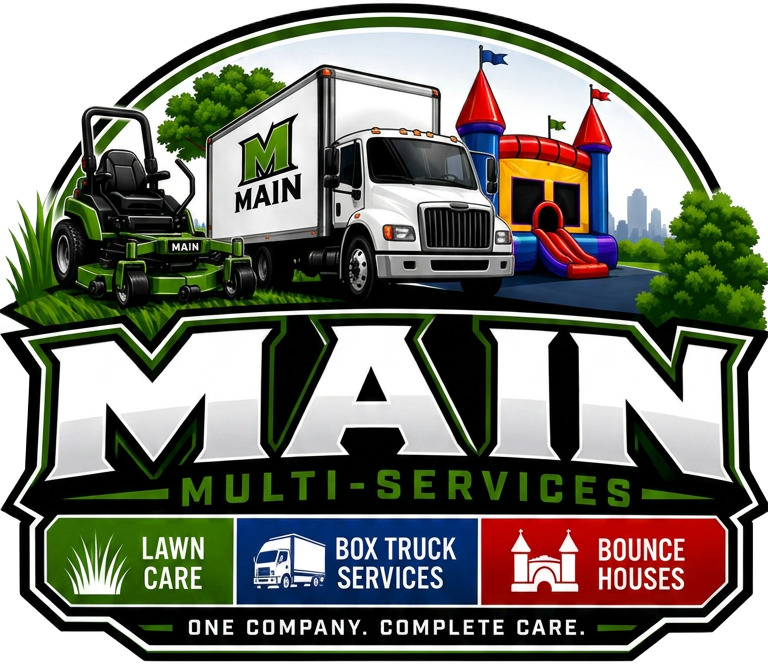 Main Multi-Services full badge logo showing lawn care, box truck services, and bounce houses
